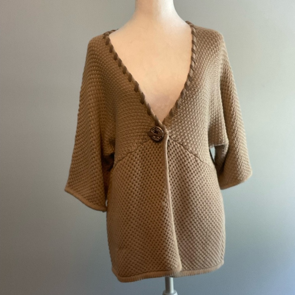 Ruby Red Taupe Chunky Knit Sweater | Button Front V-Neck Acrylic Cotton L